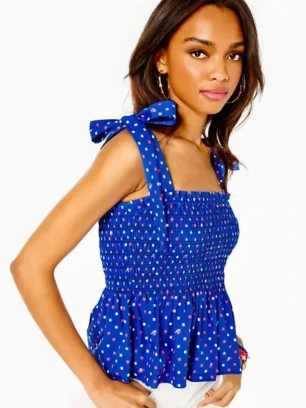 NWT Lilly Pulitzer Rivera Smocked Top Tie Shoulder Peplum Top Large L